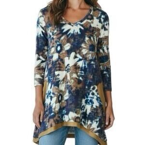 LOGO 1X by Lori Goldstein Floral Tunic Blue and Brown pockets 3/4 sleeves